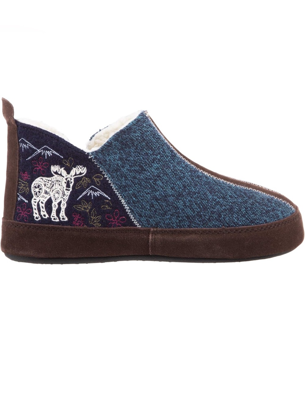 Cozy Blue & Brown Slip-On Moccasin Slipper with Embroidered Moose | NWT